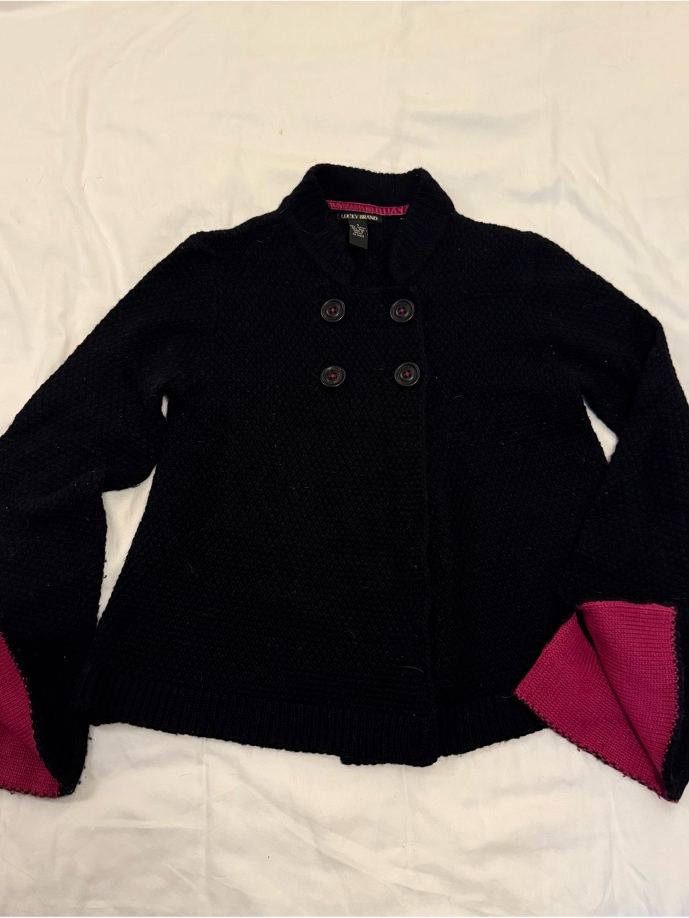 Lucky Brand Black Double-Breasted Sweater Jacket with Pink Sleeve Accents